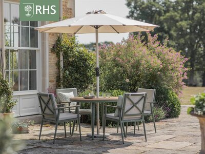 Bramblecrest RHS Wisley 4 Seat Round Dining Set with Parasol & Base - Sage - image 1